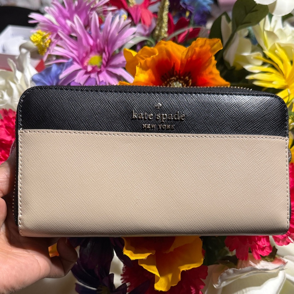 kate spade Black & Blush Zip-Around Saffiano Wallet